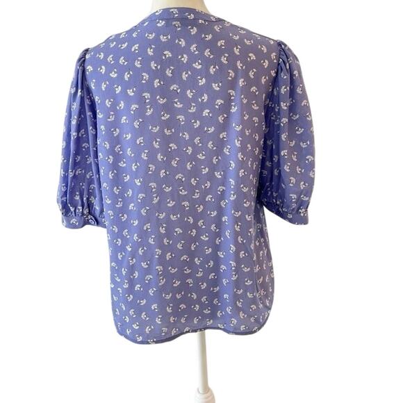 Rebecca Taylor Silk Floral Bow Blouse Periwinkle Blue Pleated Puff Sleeve Top 2 - Picture 2 of 6
